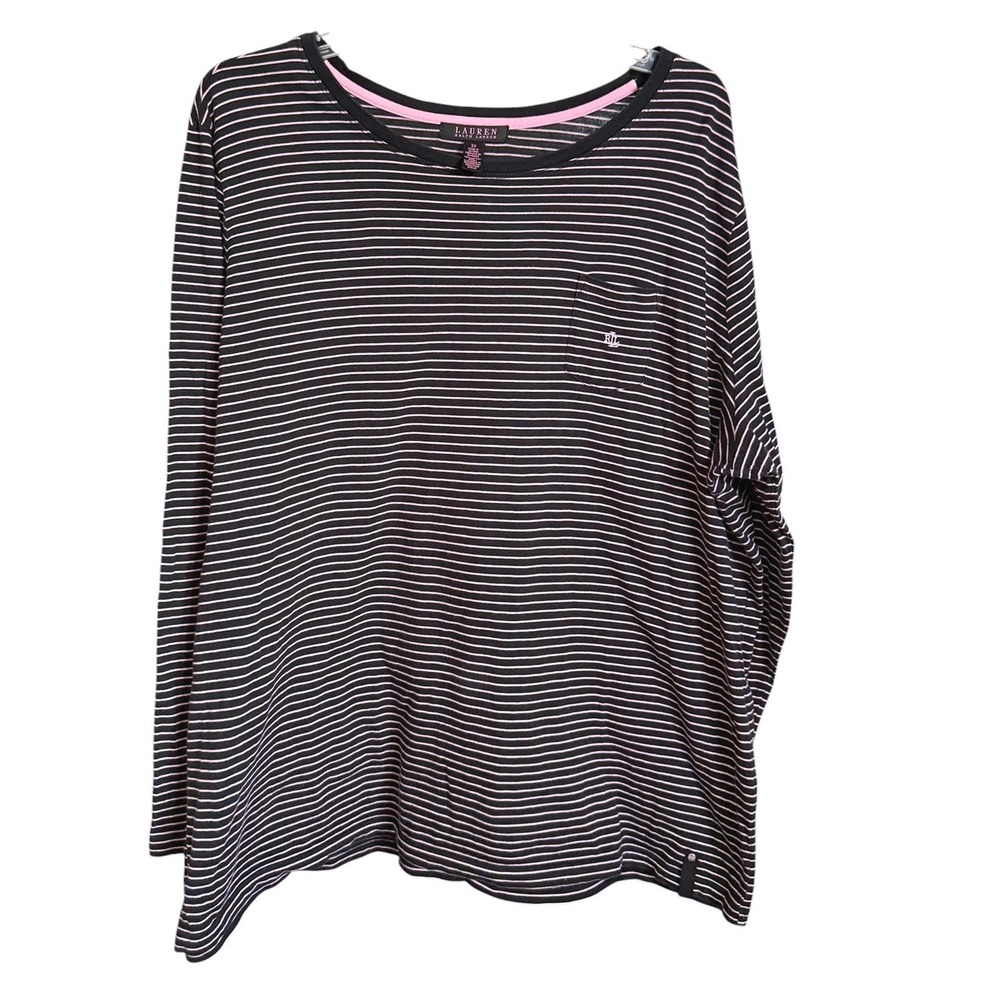 Lauren Ralph Lauren Womens 3X‎ Striped Long Sleeve Tee Black Pink Cotton Pocket